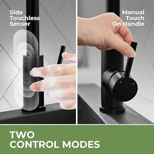 Touchless Kitchen Sink Faucet, VFAUOSIT Black Kitchen Faucet with Pull Down Sprayer Stainless Steel Motion Sensor Smart Hands-Free, Matte Black Single Hole Faucet for Bar Laundry RV Bathroom Sink