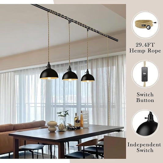 zeyu Triple Pendant Light with Plug in Cord - Industrial 3-Light Hanging Lamps with 29FT Twisted Hemp Rope Switch, Metal Dome Shade in Black Finish, ZYC49-3 BK