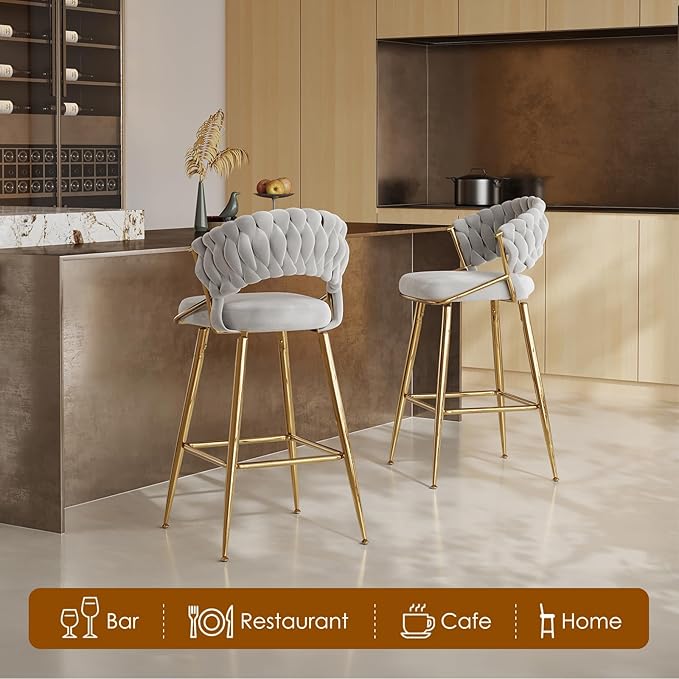 25.2" Velvet Counter Stool with Gold Accents, Ergonomic Plush Seat for Kitchen Island Bar