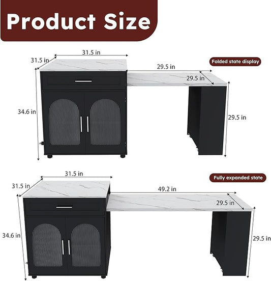 80.7-Inch Expandable Kitchen Island with Dining Table, Black MDF Kitchen Prep Table with Solid Wood Grain Countertop, Mobile Storage Cart (Cabinet + 2 Drawers) & Power Outle