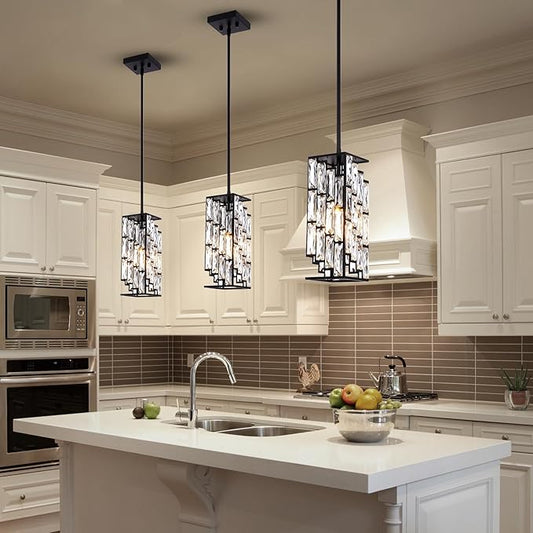 Crystal Pendant Lights Kitchen Island 2 Pack, Modern Black Chandelier Height Adjustable, Hanging Lights for Kitchen Island Dining Room Bedroom