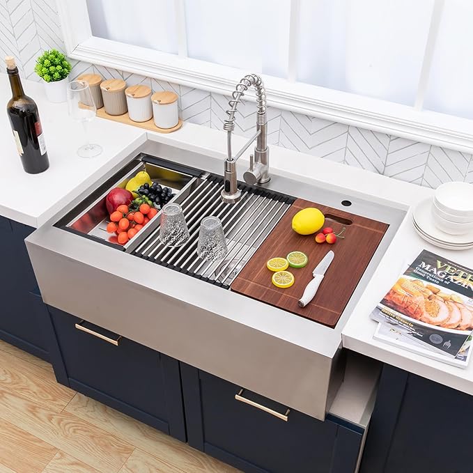 33 Farmhouse Sink, Drop In Stainless Steel Apron Front Farm Sink 33x22x9 Single Bowl 16 Gauge with Accessories