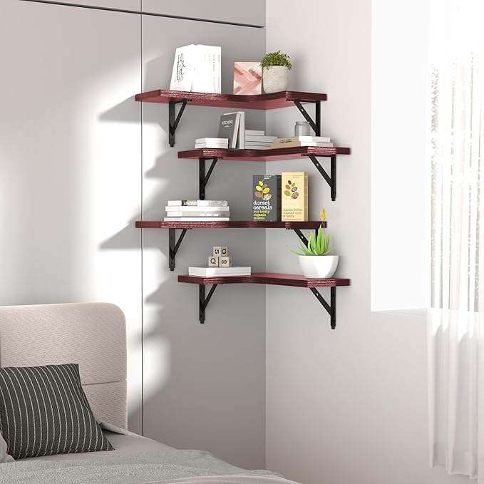 ROMGUAR CRAFT Corner Floating Shelves Wall Mounted Set of 4, Rustic Wood Storage Display Wall Shelves for Home Decor, Bathroom, Kitchen, Bedroom, Living Room, Office (Red)