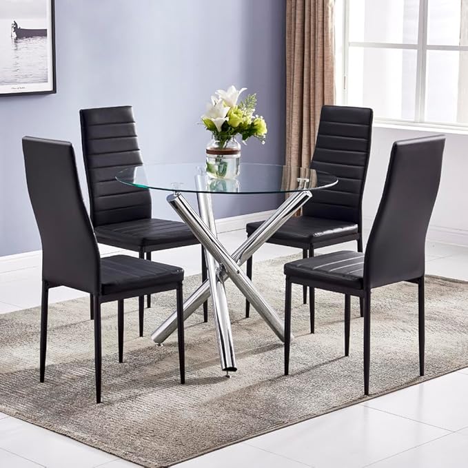 Round Glass Dining Table 35.4'' Inch Modern Round Kitchen Table with Metal Legs Durable Stylish Dinner Table for Dining Room Kitchen
