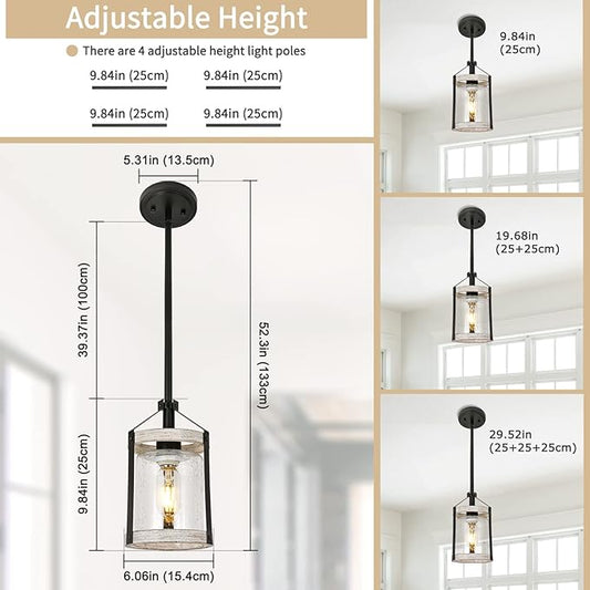 Farmhouse Pendant Light, Seeded Glass Kitchen Light with Metal Cage, Rustic Hanging Pendant Lighting Fixture with Distressed Wood Finish, Modern Farmhouse Island Light for Dining Room, Foyer