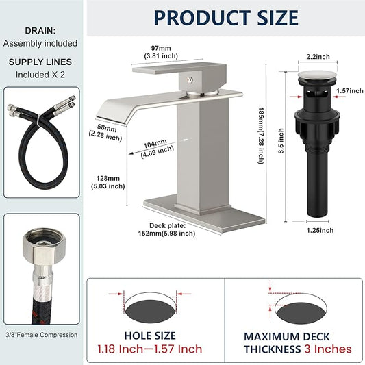 Midanya Waterfall Bathroom Faucets, Single Handle 1 Hole Bathroom Sink Faucet Modern RV Vanity Restroom Lavatory Basin Faucet with Pop Up Drain and Water Supply Lines,Brushed Nickel