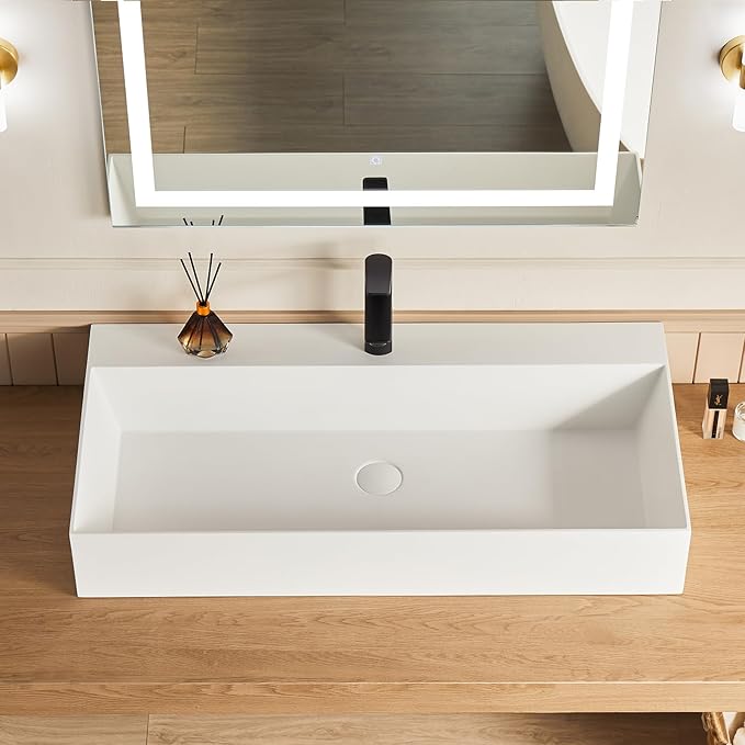 Cpingao 36" Wall Mount Stone Resin Bathroom Sink, Matte White Floating Vanity Basin with Integrated Countertop Space, Solid Surface Rectangular Lavatory with Pre-drilled Hole