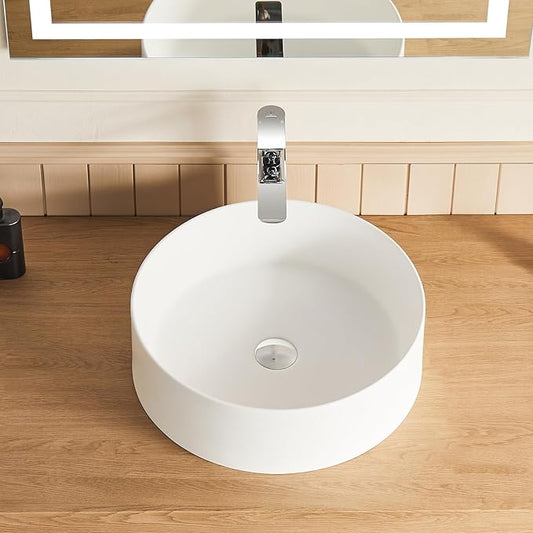 Cpingao 15.74 Inch Round Bathroom Vessel Sink, Above Counter Circle Matte Stone Countertop Modern Sink Art Basin for Lavatory Vanity Cabinet