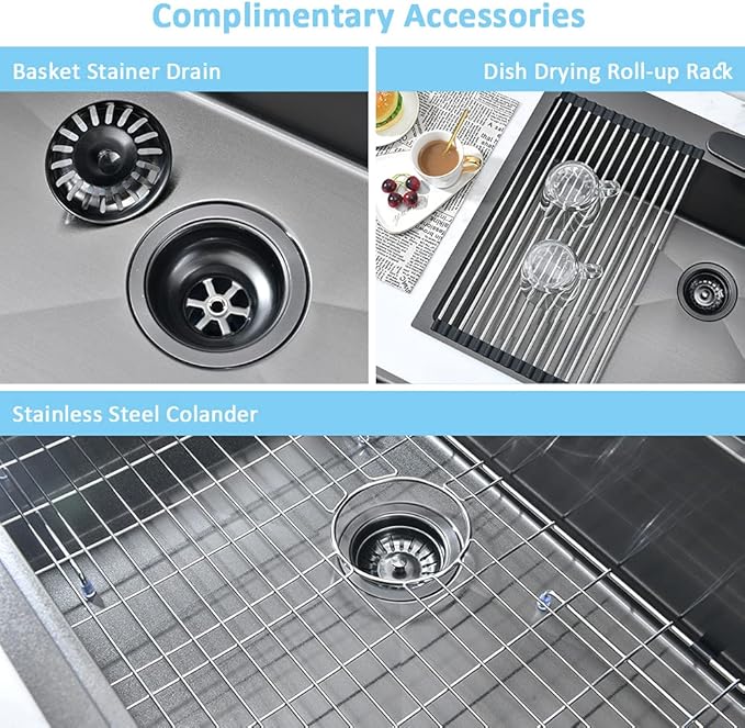 33-Inch Black Stainless Steel Drop-In Kitchen Sink - 33x22 Topmount Single Bowl With Dish Grid & Roll Up Rack - 16 Gauge Deep Matte Black