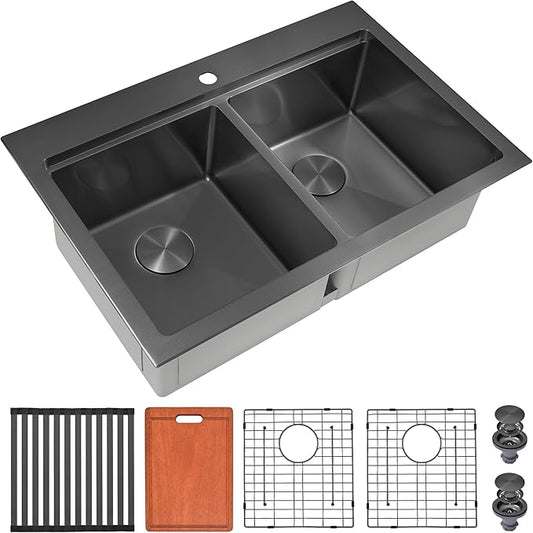 LQS 33 Inch Black Drop in Kitchen Sink, Spacious 33 x 22 Drop In Kitchen Sink 50/50 Double Bowl, 16 Gauge Handmade Black Stainless Steel Kitchen Sink with Practical Accessories, R15 Round Corner