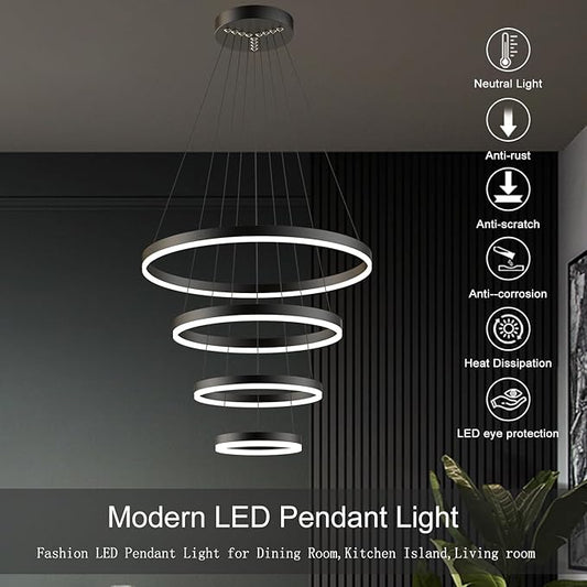 Modern LED Pendant Light, Black 4 Ring Circular Chandelier Fixture, Adjustable Height Circular Entrance Pendant Light, Suitable for Restaurants, Kitchens, Islands, Living Rooms, Cafes, Etc. (4000K)