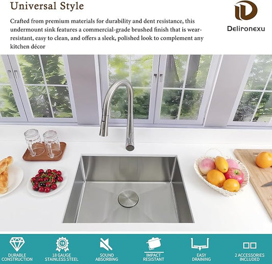23 Inch Undermount Kitchen Sink - Delironexu 18 Gauge Stainless Steel Kitchen Sink, 23"x18" Single Bowl kitchen Sinks with Brushed Finish, Ideal for Bar Sinks, and RV sink