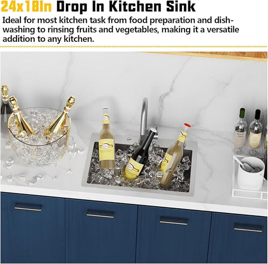Kitchen Sink, 24x18 Inch Stainless Steel Drop In Topmount Kitchen And Bar Sink Stylish And Modern Look With Bottom Grid,Silicon Mat And Drain Assembly Add Elegance & Enhance Usability