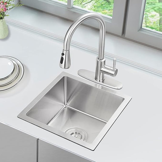 MENATT 15 x 15 Inch Undermount Bar Sink, Single Bowl Handmade Stainless Steel Small Kitchen Bar Sink, 15" x 15" x 8"