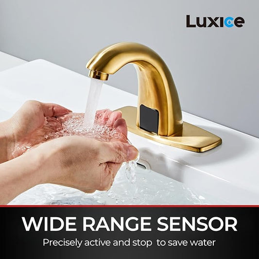 Brushed Gold Touchless Bathroom Sink Faucet - Automatic Motion Sensor Battery Opertated with Temperature Mixing Valve for Commercial Lavatory