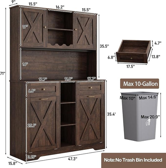 71" Tall 47"Wide Kitchen Pantry Storage Cabinet with Power Outlets,Farmhouse Kitchen Double Tilt Out Trash Cabinet 10X2 Gallon Garbage Holder with Two Drawers,Freestand Laundry Sort Cabinets(Brown)