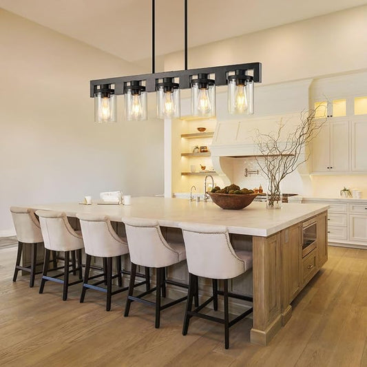 WJShome Dining Room Light Fixture Over Table, 5-Light Black Kitchen Island Lighting, Farmhouse Chandeliers for Dining Room, Rustic Linear Chandelier, Ceiling Pendant Light Fixtures with Clear Glass