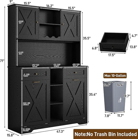 71" Tall 47"Wide Kitchen Pantry Storage Cabinet with Power Outlets,Farmhouse Kitchen Double Tilt Out Trash Cabinet 10X2 Gallon Garbage Holder with Two Drawers,Freestand Laundry Sort Cabinets(Black)