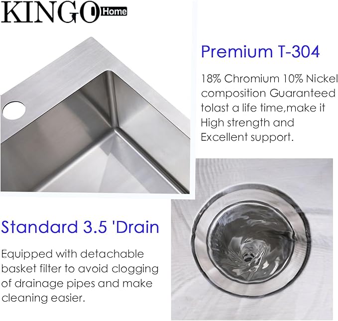 KINGO HOME 22x18 Inch Drop in Kitchen Sink,16 Gauge Topmount RV Small Kitchen Bar Sinks,Stainless Steel Outdoor Prep Single Bowl Workstation Wet Bar Sink with Stainless Steel Strainer