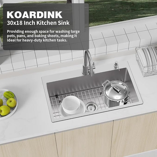 Stainless Steel Drop-In 30x18 Inch Modern Single Bowl Topmount Kitchen Sink Combo - SS Grid, Silicon Mat, Drain Strainer Set - Compatible With Various Kitchen & Bar Styles