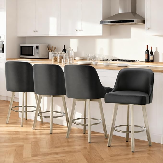 Counter Height Bar Stools Set of 2, Modern Swivel Barstools with Back and Wood Legs, Faux Leather Upholstered Bar Chairs, 26" Seat Height Counter Stools for Kitchen Island,Black