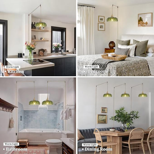 Shenmoyl Plug in Pendant Light Hanging Light Fixtures with Plugin Cord On/Off Switch,Green Scindapsus Glass Lampshade Brass Pendant Light