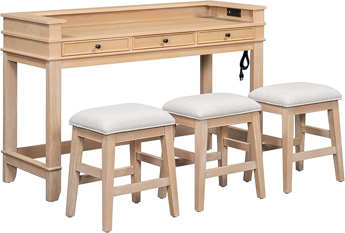 4-Piece Counter High Bar Table Set with Drawers & Charging Station,Counter Height Dining Table Set with Rectangle Table & 3 Upholstered Chairs,Retro Dinette sets for Breakfast Nook,Small Place,Natural