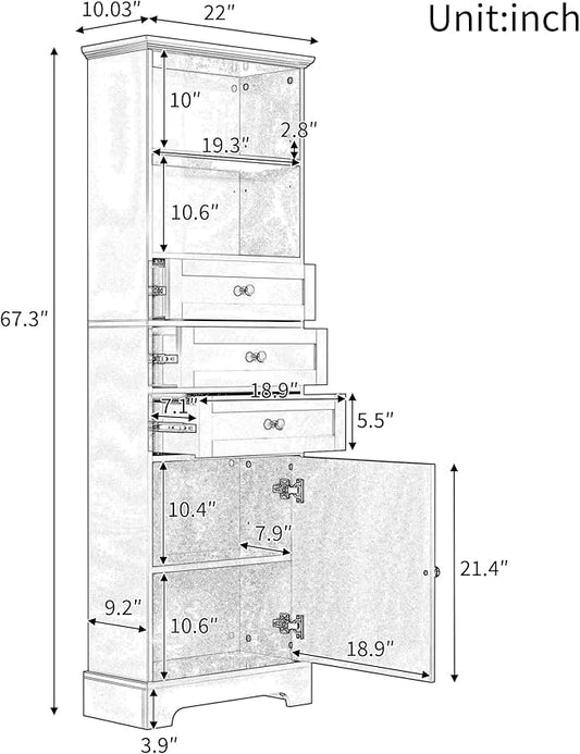 67" H Storage Cabinet with Drawers and Door, Tall Bookshelf Space Saver for Bathroom or Kitchen, Adjustable Shelf, White