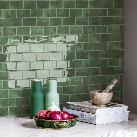 STICKGOO Peel and Stick Backsplash Subway Tiles, 10 Sheets of 12" x 12" - 3D Adhesive Peel and Stick Tile Backsplash for Kitchen, Bathroom, Wall Tile (Thicker Design, Forest Green)