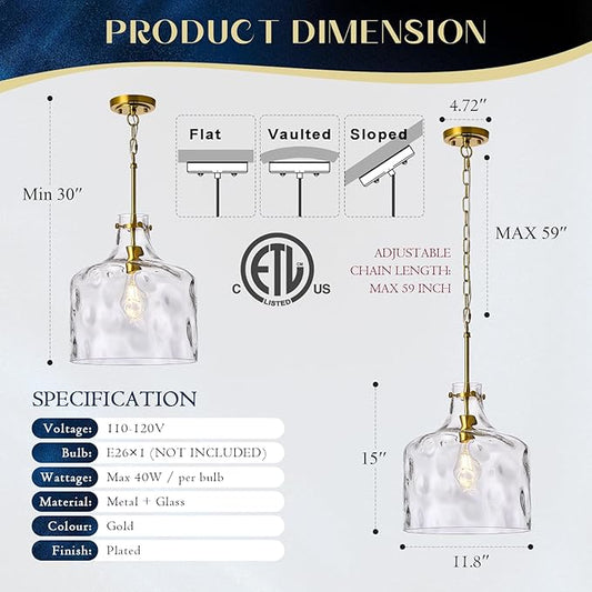 12" Farmhouse Pendant Light, Hand-Blown Clear Hammered Glass Hanging Light Fixture with Brass Gold Finish, Adjustable Chain Ceiling Light for Kitchen Island, Dining Room, Hallway, E26 Socket