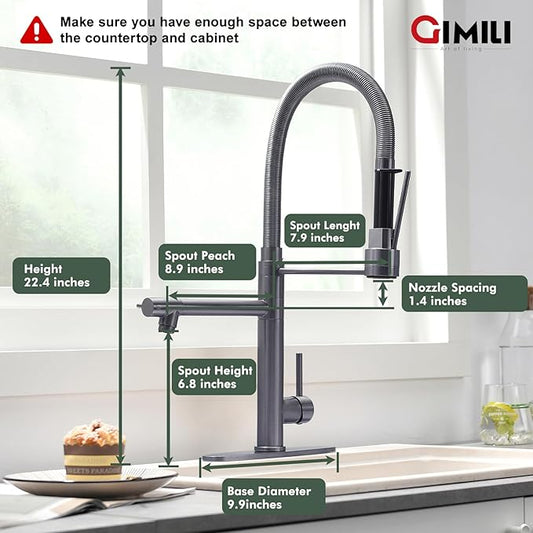 GIMILI Black Stainless Commercial Kitchen Faucet with Pull Down Sprayer Double-Headed Kitchen Faucets with Deck Plate