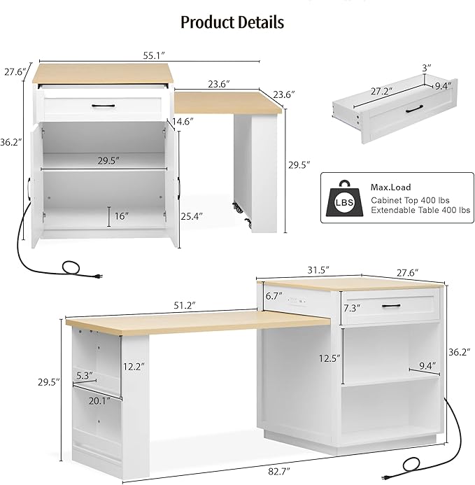 82.7"-56" Kitchen Island with Extendable Dining Table, Faux Mable Kitchen Cart with Power Outlet, Double-Sized Storage, Rolling Kitchen Table with Storage 2 Drawers 2 Side Open Shelves, White