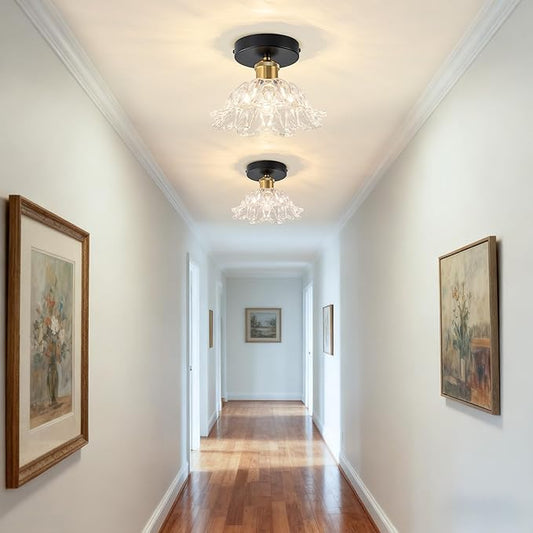 1-Light Vintage Semi Flush Mount Ceiling Light, Black and Gold Glass Shade Close to Ceiling Light Fixture, E26 Base Retro Lighting for Hallway Entryway Kitchen Bedroom