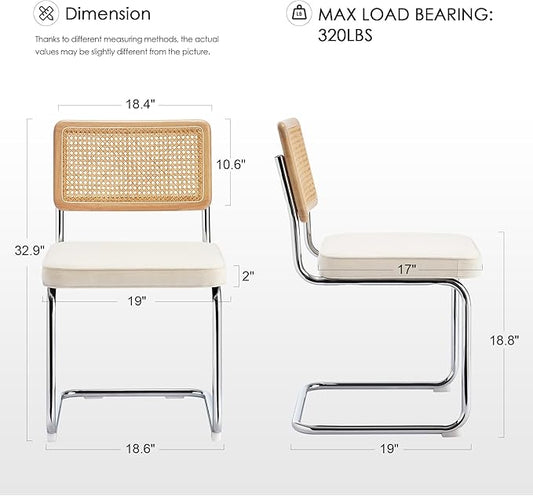 Zesthouse Rattan Dining Chairs Set of 6, Mid Century Modern Dining Room Chairs with Natural Cane Mesh & Chrome Base, White Cesca Chair Linen Fabric, Farmhouse Kitchen Chair with Solid Wood Frame Back