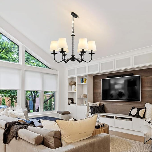 6-Light Black Farmhouse Chandelier, Modern Dining Room Light Fixture with White Fabric Shade,Kitchen Island Pendant Light Fixture for Bedroom Living Room
