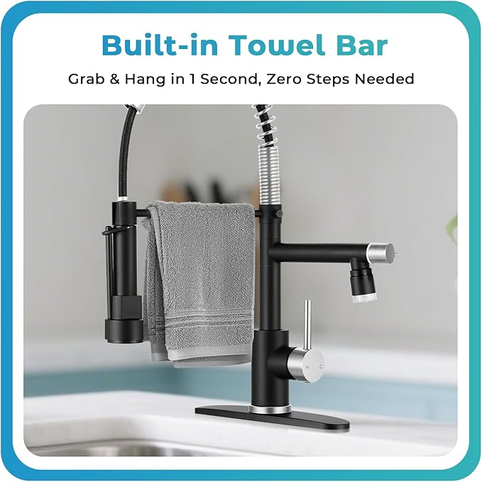 LED Kitchen Faucet with Pull Down Sprayer - Black & Brushed Nickel Single Handle Commercial Kitchen Faucets, 2-Spout Kitchen Sink Faucet, Stainless Steel Spring Pull Out Sink Faucet 1/3 Hole