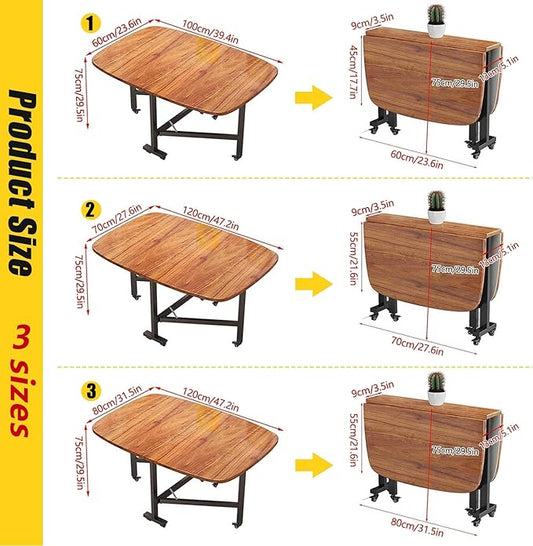 Multifunction Table Drop Leaf Dining Table , 39in/47in Solid Wooden Foldable Kitchen Table with 6 Wheels (Brown), Space Saving Folding Kitchen Table, for Small Spaces Kitchen, Bedroom, Living Room(39.