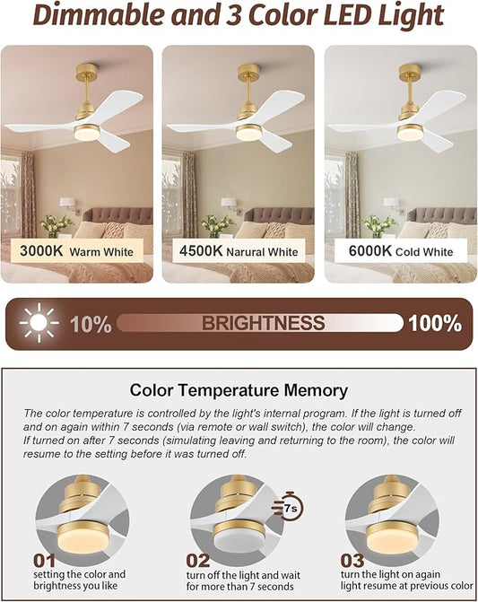 42 Inch Ceiling Fan with Lights, Remote Control, Dimmable, Solid Wood Blades, Power-Off Memory, Quiet DC Motor, Modern White and Gold Ceiling Fan for Farmhouse Living Room Bedroom Patio Outdoor