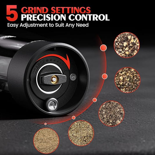 Electric Salt and Pepper Grinder Set Automatic Battery Pepper Mill Shakers Adjustable Coarseness Easy Filling Upgraded Larger Capacity with Led (1 Pack Black)