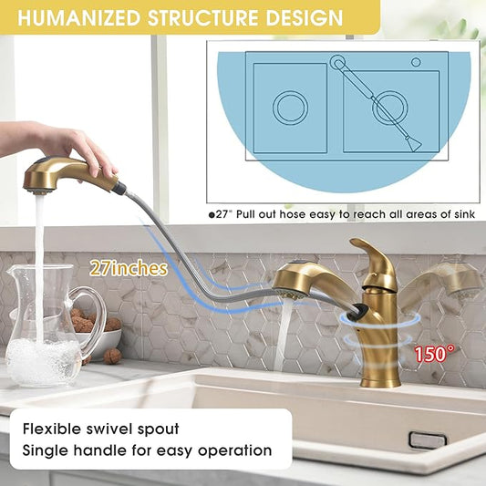 Gold Kitchen Faucet with Sprayer - Matte Brushed Gold Kitchen Sink Faucets with Pull Out Sprayer, Single Handle 1 Hole Faucet Solid Brass Commercial RV Faucets 2 Modes 150°Rotation No Lead
