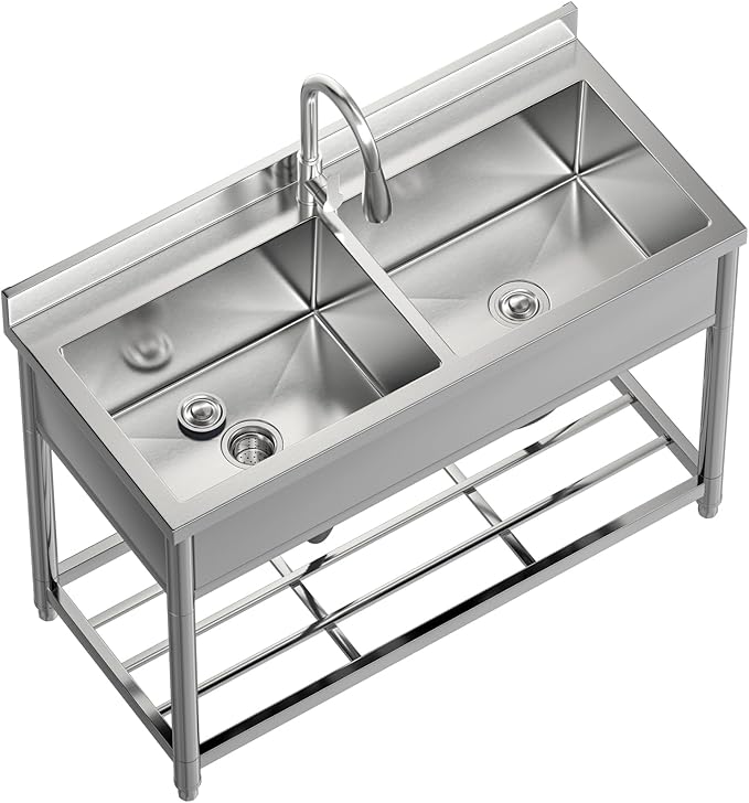 GGW 2-Compartment Commercial Sink, Stainless Steel Utility Sink with Pull-out Faucet, Free Standing Double Bowl Kitchen Sink for Restaurant, Garage, Shop, Cafe, Outoor, 21.7"D x 47.2"W x 37"H