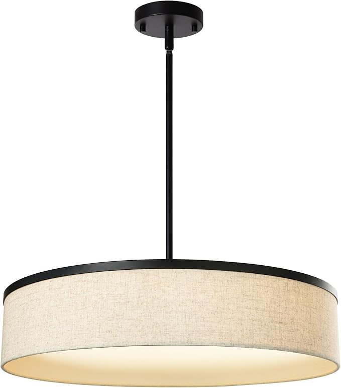 19.6 Inch Integrated LED Drum Chandeliers, 2800K Modern Fabric Pendant Light Fixture, Natural Linen and Black Finish, Large Semi Flush Mount Lighting for Dining Room Bedroom Kitchen Entryway