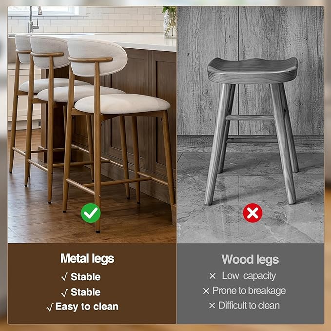 Set of 2 Counter Height Bar Stools: Upholstered Barstools with Metal Legs for Kitchen Island Dining Room in Beige - Comfortable & Chic Industrial Style, Premium Quality Bar Height Seating