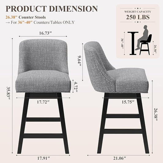 MALOL Swivel Bar Stools Set of 2, 27" Counter Height Kitchen Stools with Padded Seats and Solid Wood Legs, Upholstered Barstools for Kitchen Island, Breakfast Nook (Dark Gery)