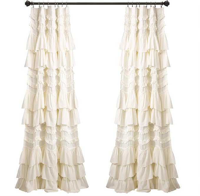 Lush Decor Kemmy Light Filtering Window Curtain Panel Single 52" W x 84" L Ivory - Drapes - Ruffled Curtains for Bedroom - Cream Curtains - Coquette Decor