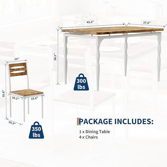 GarveeHome 5 Piece Dining Table Set, Industrial Style Dining Table and Chairs Set for 4, Kitchen Table Set for Dining Room Kitchen Apartment, White Brown