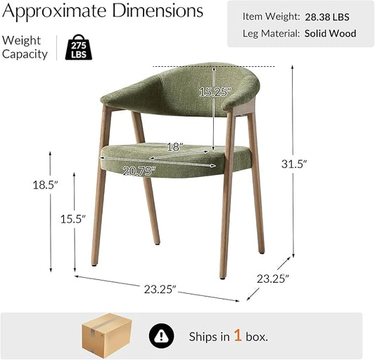 HULALA HOME Mid-Century Modern Dining Chairs Set of 2, Green Wooden Upholstered Kitchen Chairs with Armrest, Curved Backtrst & Wood Legs Armchairs Accent Chairs for Dining Living Room - Moss