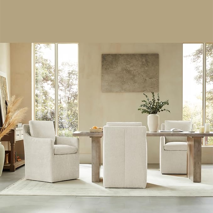 KISLOT Upholstered Dining Chairs with Casters, No Assembly Modern Accent Armchair with Rollers for Dining Room, Bedroom, Living Room, Reading Room, Already Assembled, Beige, 1 Box