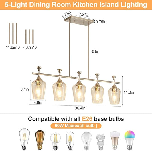 37" Dining Room Light Fixture/Chandelier Over Table, 5-Light Brushed Nickel Kitchen Island Lighting with Clear Glass Shade, Modern Hanging Pendant Lights Fixture for Kitchen Island, Dining Room, Bar