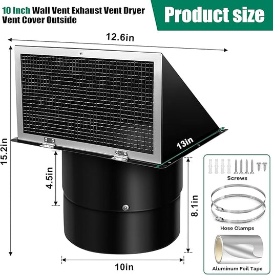 Black 10 Inch Hooded Wall Vent with Screen and Damper Exterior Exhaust Vent Cover Cap